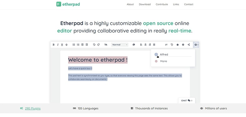 An image featuring the Etherpad website homepage
