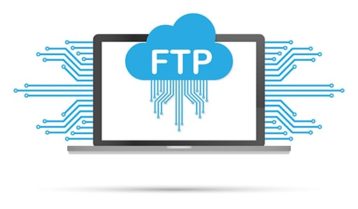 An image featuring a laptop that has the FTP text and icon representing the file transfer protocol concept