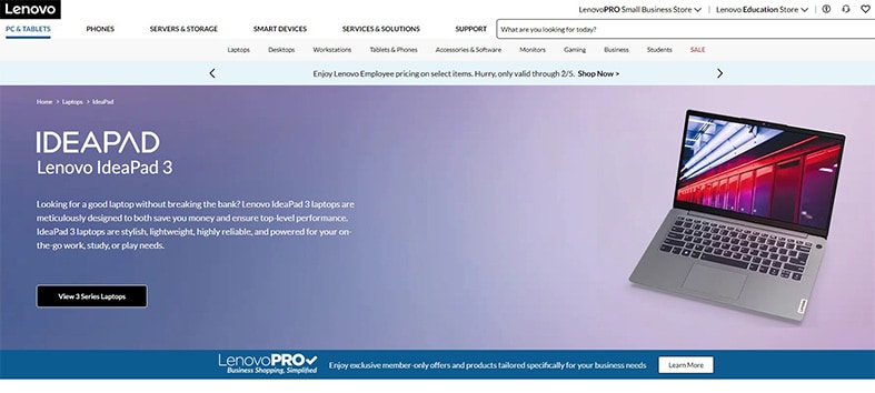An image featuring Lenovo IdeaPad 3 laptop website screenshot