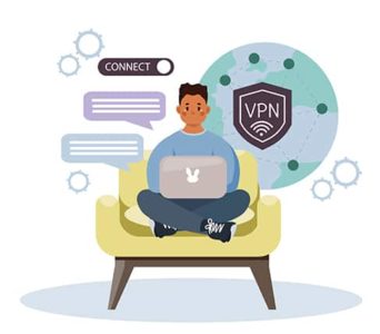 An image featuring a person using and being connected to a VPN on their laptop concept