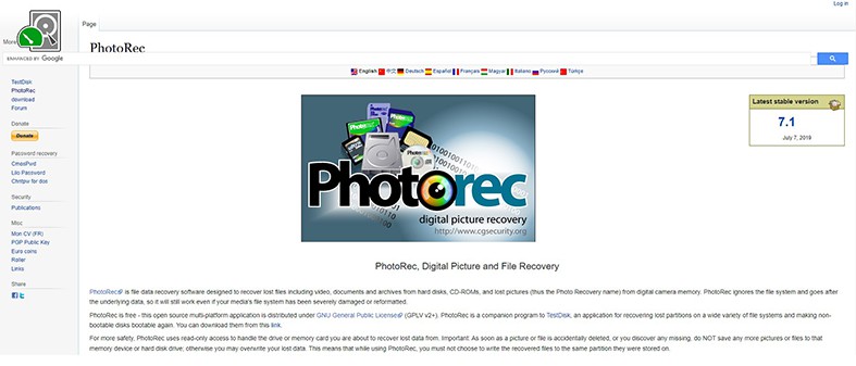 An image featuring PhotoRec website homepage