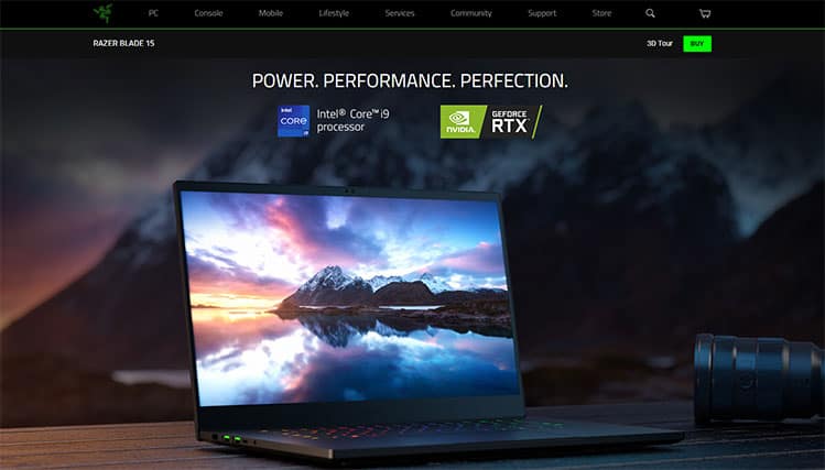 An image featuring Razer Blade 15 laptop on the official Razer website screenshot