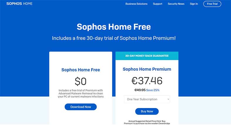 An image featuring Sophos Home free website