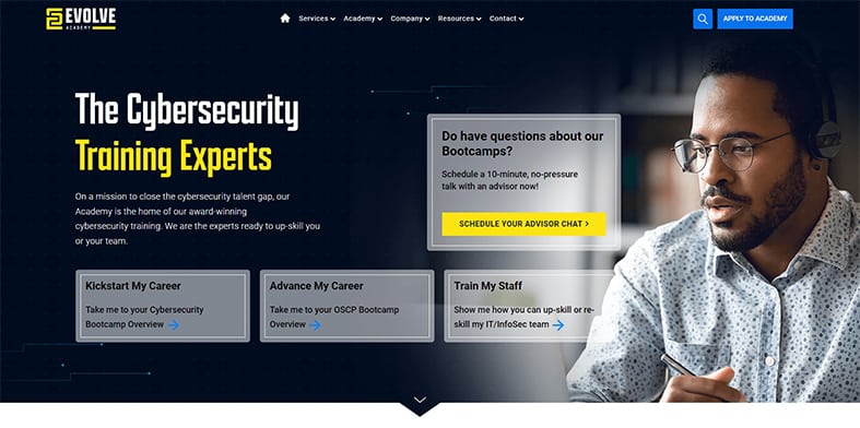 An image featuring Evolve Security Academy bootcamp website screenshot