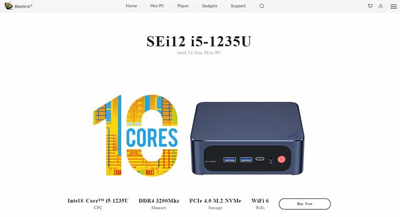 An image featuring Beelink SEI 12 mini PC website screenshot