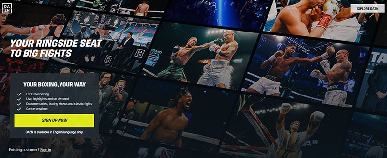 An image featuring the official DAZN website homepage screenshot
