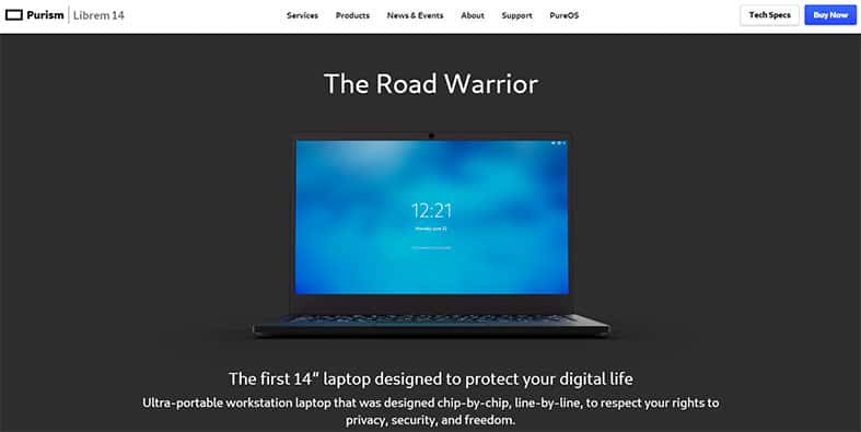 An image featuring Librem 14 by Purism laptop on the official Purism website screenshot