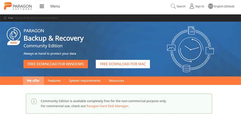 An image featuring the Paragon Backup and Recovery backup software website homepage screenshot