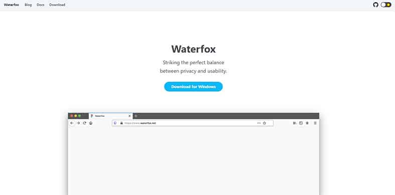 An image featuring Waterfox browser homepage