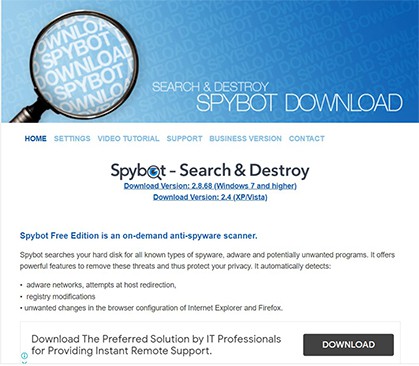 an image with Spybot Search and Destroy homepage