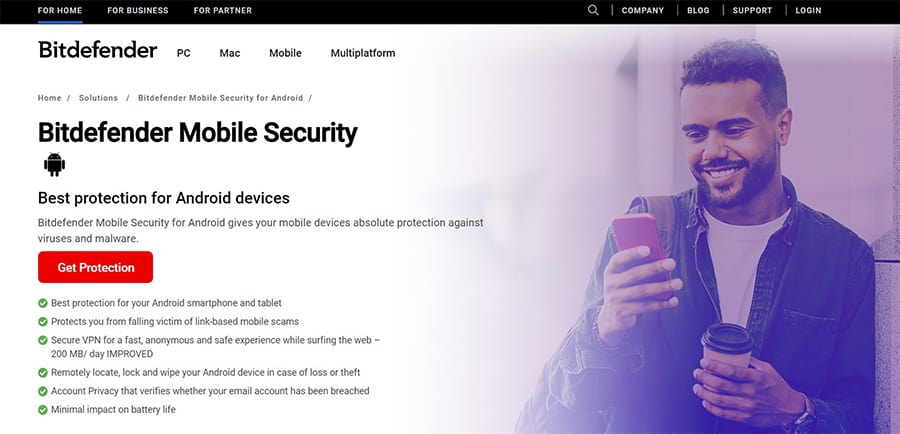 an image with Bitdefender Mobile Security homepage 