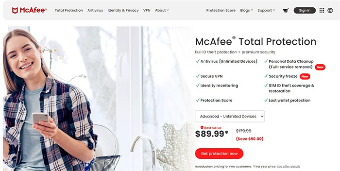 an image with McAfee antivirus homepage screenshot 