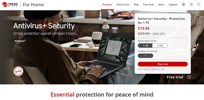 an image with Trend Micro Antivirus+ Security homepage screenshot 