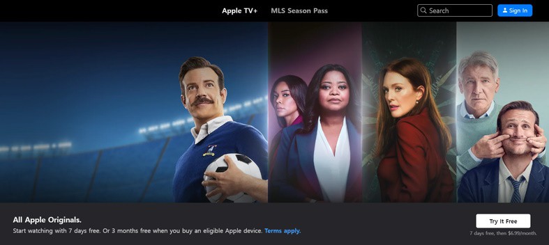 An image featuring the Apple TV Plus website homepage screenshot
