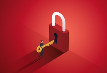 an image with man trying to unlock giant lock pad with giant key. vector illustration