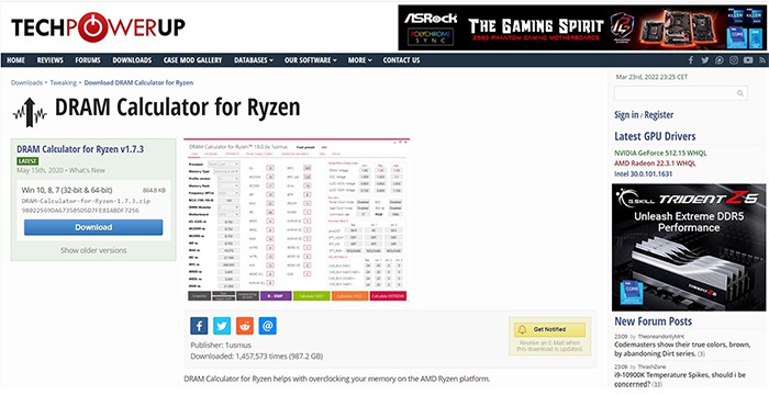 an image with DRAM Calculator for Ryzen homepage screenshot