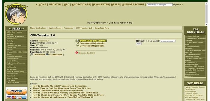 an image with CPU Tweaker 2.0 on majorgeeks.com homepage screenshot