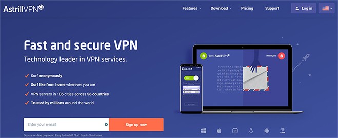 an image with Astril VPN homepage screenshot