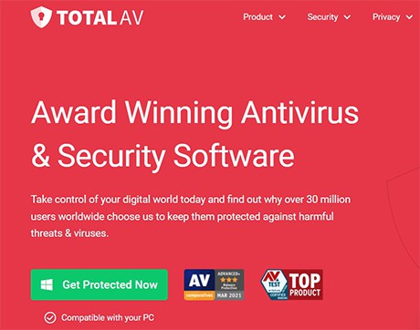 an image with Total Av antivirus home page 