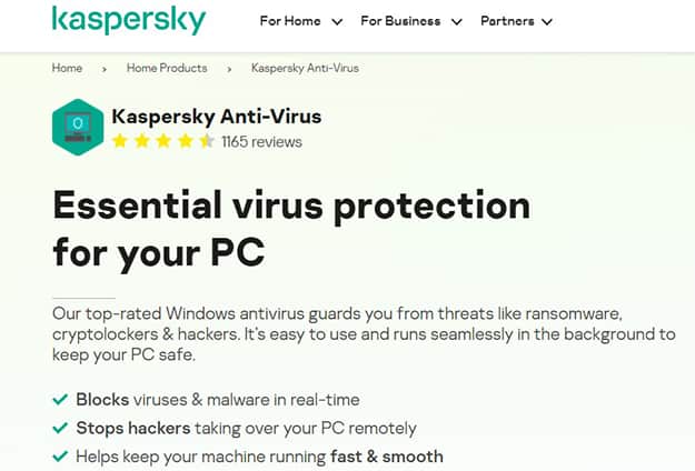 an image with Kaspersky antivirus home page 