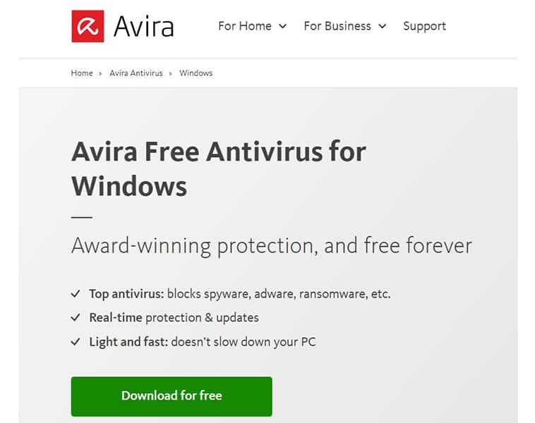 an image with Avira antivirus homepage 