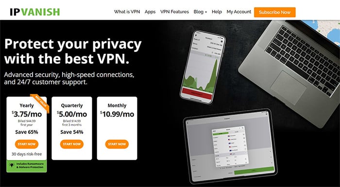 an image with IPVanish homepage screenshot