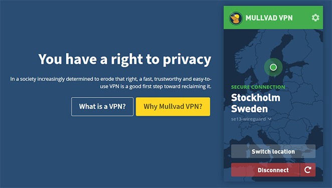 an image with Mullvad VPN home page