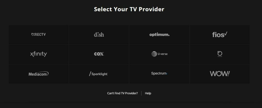 An image featuring the available TV providers on Discovery Go