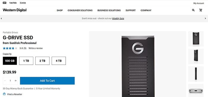 an image with SanDisk Professional G-drive Rugged External SSD on Western Digital site