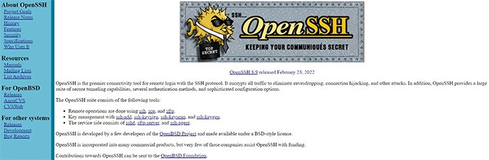 an image with OpenSSH homepage screenshot