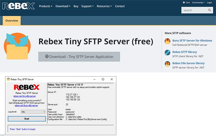 an image with  Rebex Tiny SFTP Server homepage screenshot