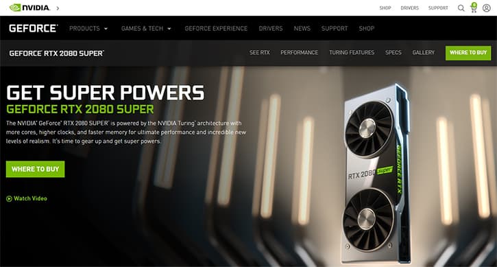 an image with GeForce RTX 2080 Super homepage screenshot 