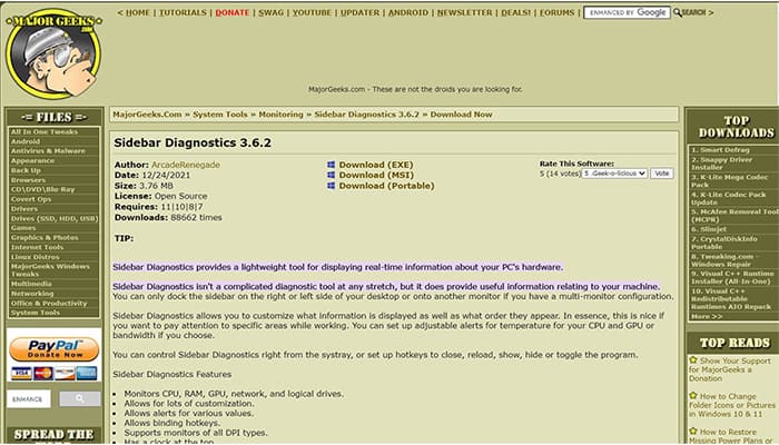 an image with screenshot of Sidebar Diagnostics ready to download on majorgeeks  