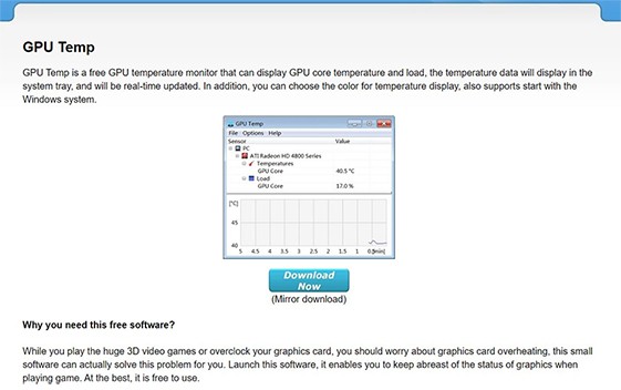 an image with GPU Temp homepage screenshot