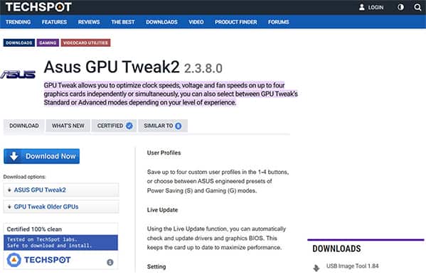 an image with screenshot of  ASUS GPU Tweak ready to download from TechSpot.com