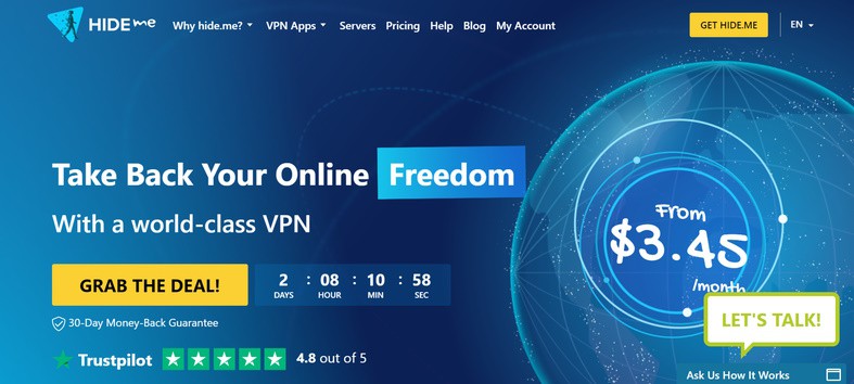 An image featuring the Hide.me VPN website homepage screenshot