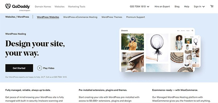 an image with GoDaddy WordPress Hosting homepage screenshot