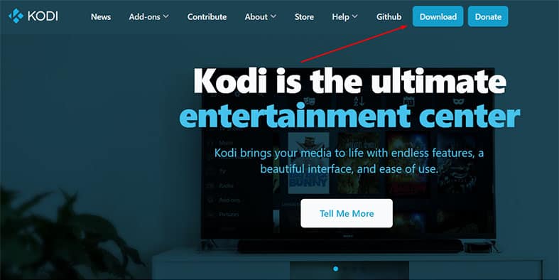 An image featuring the official Kodi website screenshot with an arrow pointing to the download button representing downloading Kodi concept