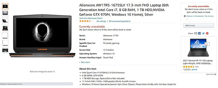 an image with Alienware AW17R3-1675SLV ready to order from Amazon