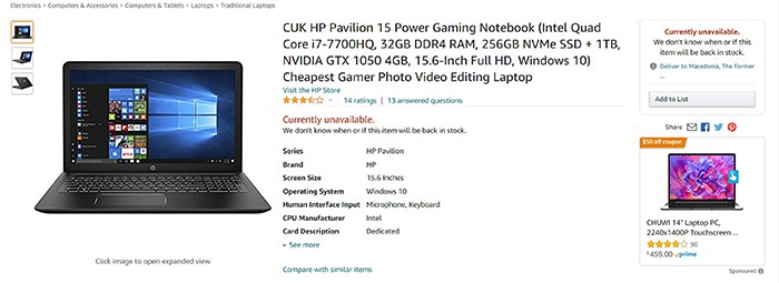 an image with CUK HP Pavilion 15 ready to order on Amazon