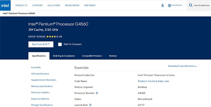 an image with Intel Pentium G4560  homepage screenshot 