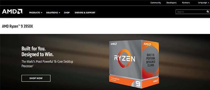 an image with AMD Ryzen 9 3950x homepage screenshot