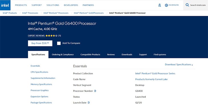 an image with Intel Pentium Gold G-6400 homepage screenshot 