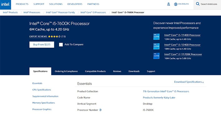 an image with Intel Core i5-7600K homepage screenshot