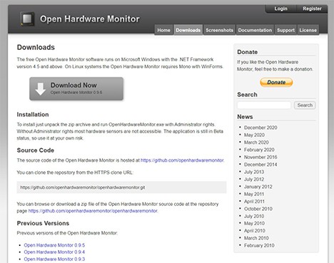 an image with Open Hardware Monitor homepage 