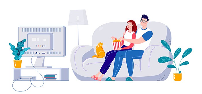 an image with husband and wife watching a movie on TV. Vector illustration