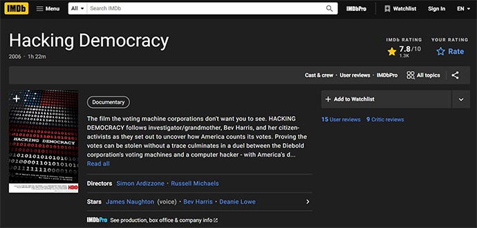 an image with Hacking Democracy documentary on IMBd.com site