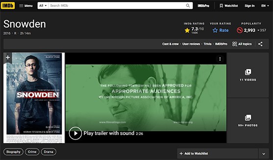 an image with Snowden documentary on IMDb.com site