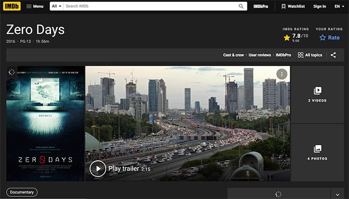 an image with Zero Days documentary on IMDb.com site
