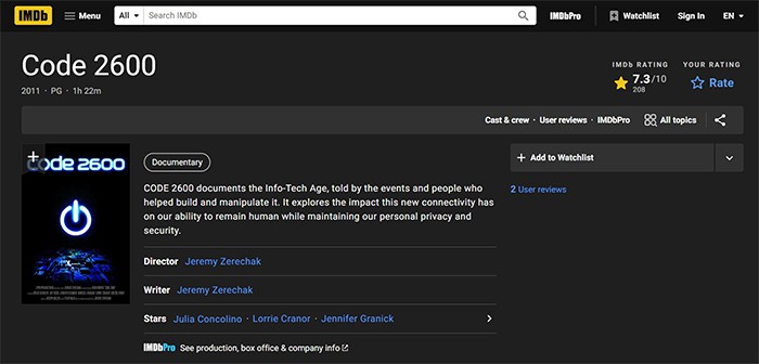 an image with Code 2600 documentary on IMDb.com site
